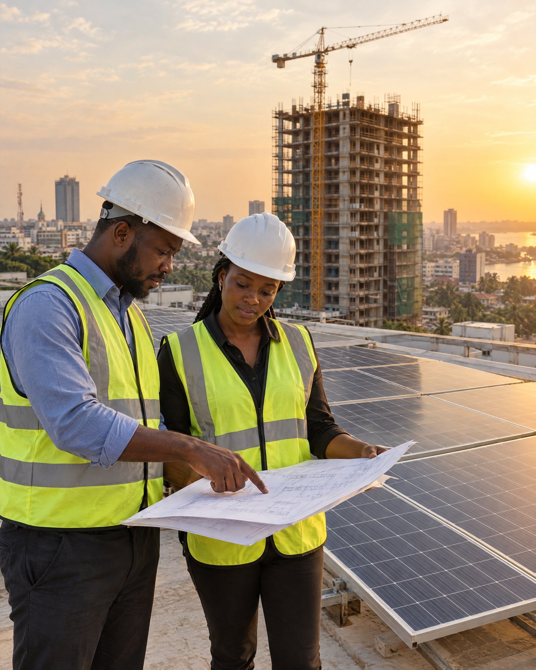 Engineers reviewing plans beside solar panels