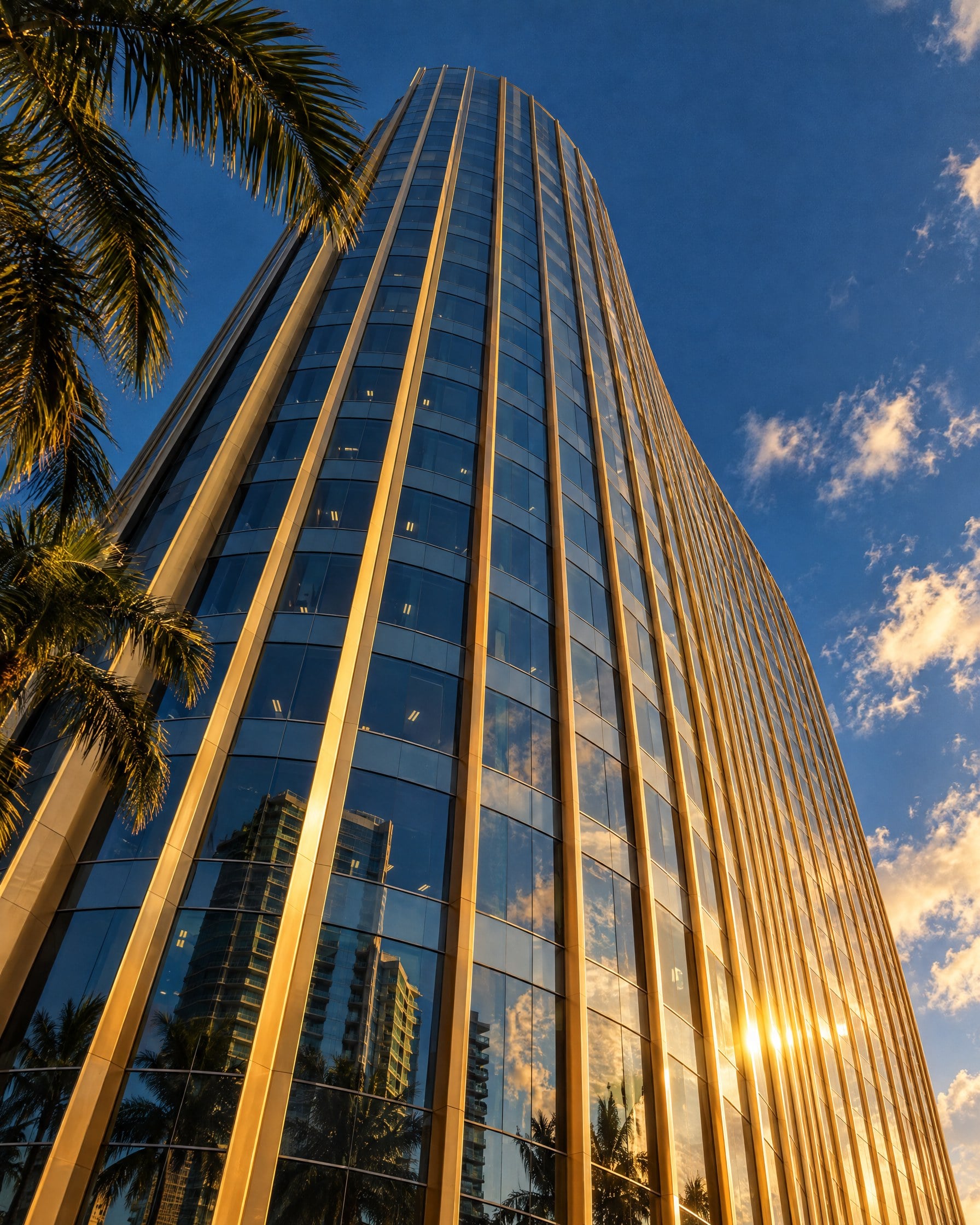 Glass tower with golden fins against a blue sky