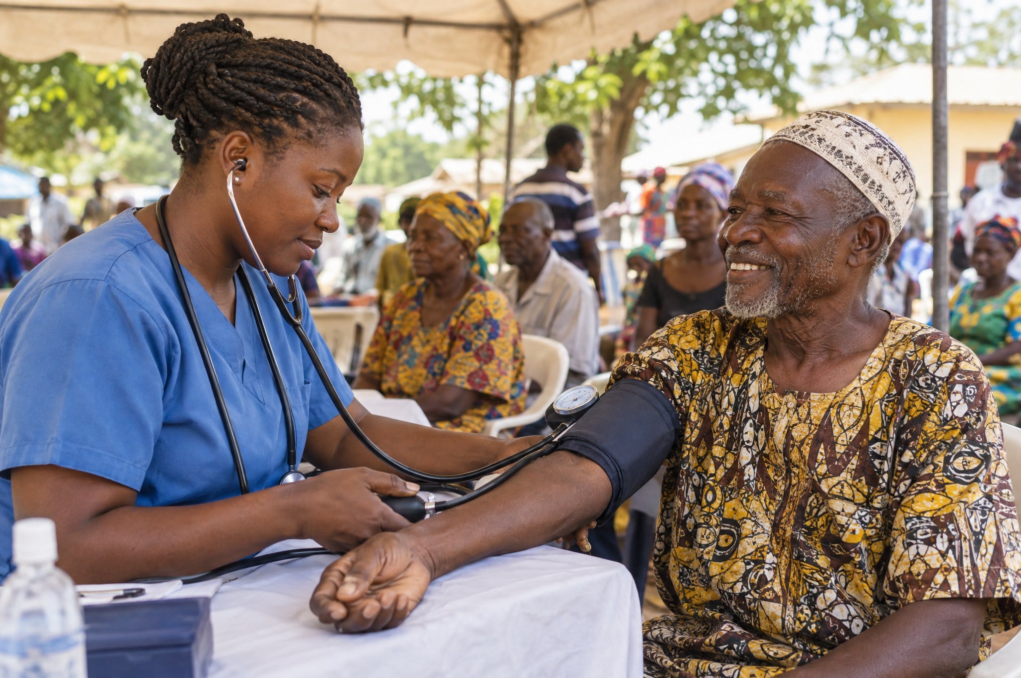 Nurse taking blood pressure at a community screening