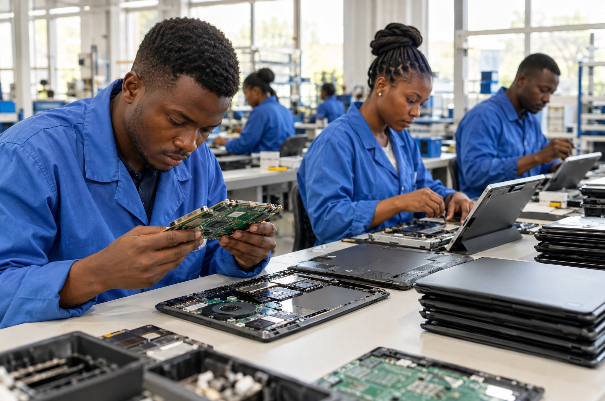Technicians assembling laptops