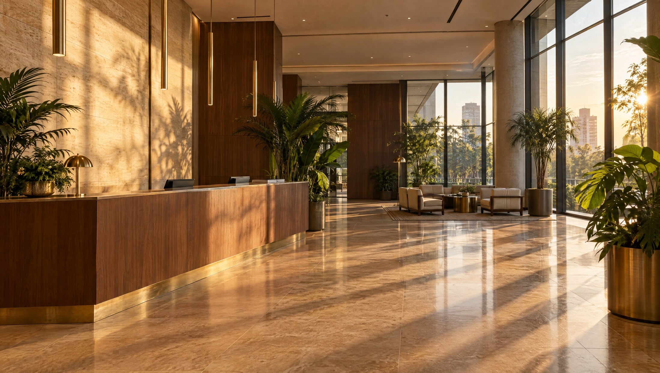 Corporate reception lobby in warm light