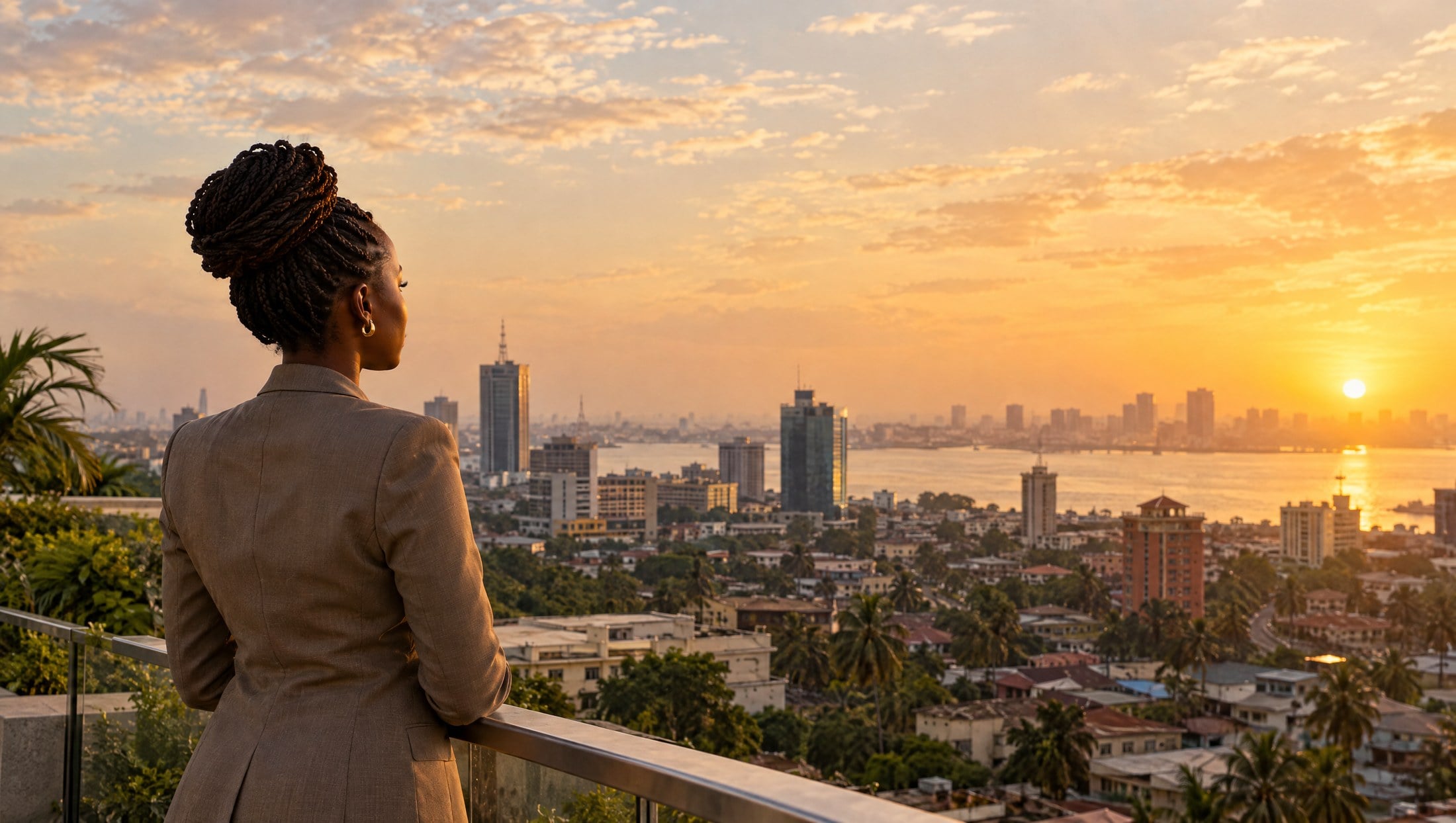 A woman looking out over a city at sunrise